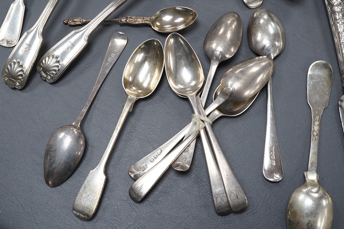 A small quantity of assorted 19th century and later flatware, various dates and makers, 15.3oz